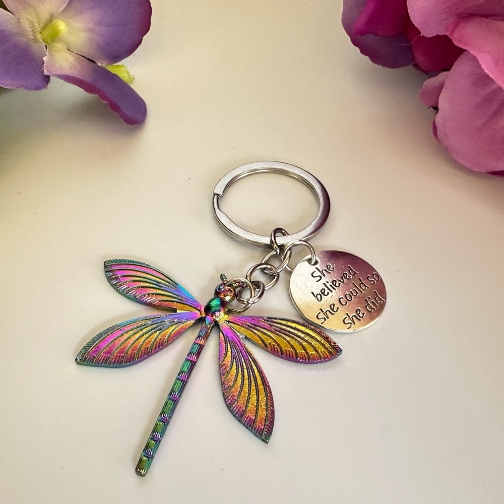🩷POSITIVITY🩷 Dragonfly Multicolored Metal Pendant Vintage Looking  Keych…